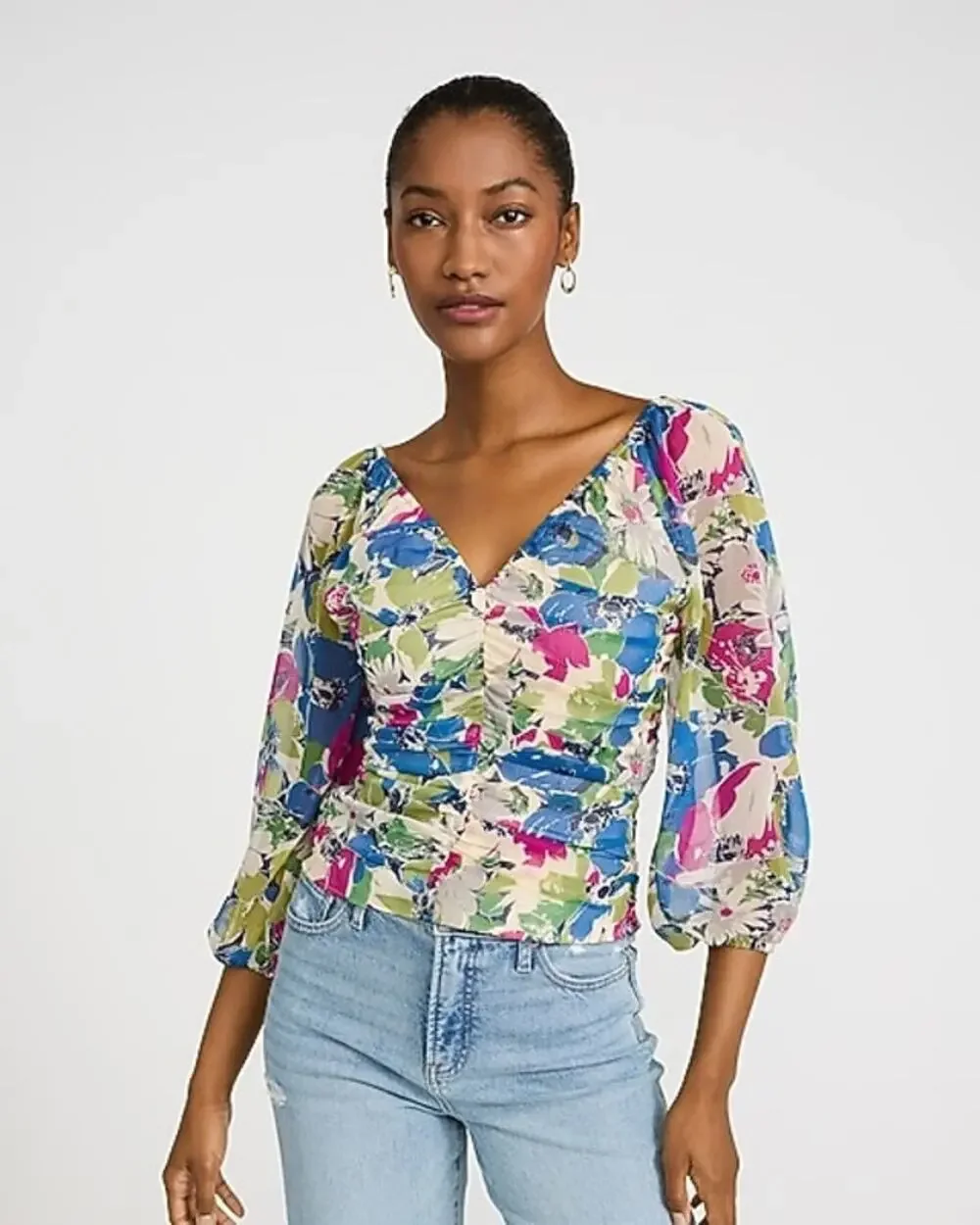 Express Women's Floral V-neck Ruched Puff Sleeve Smocked Back Top Size XS. NEW!